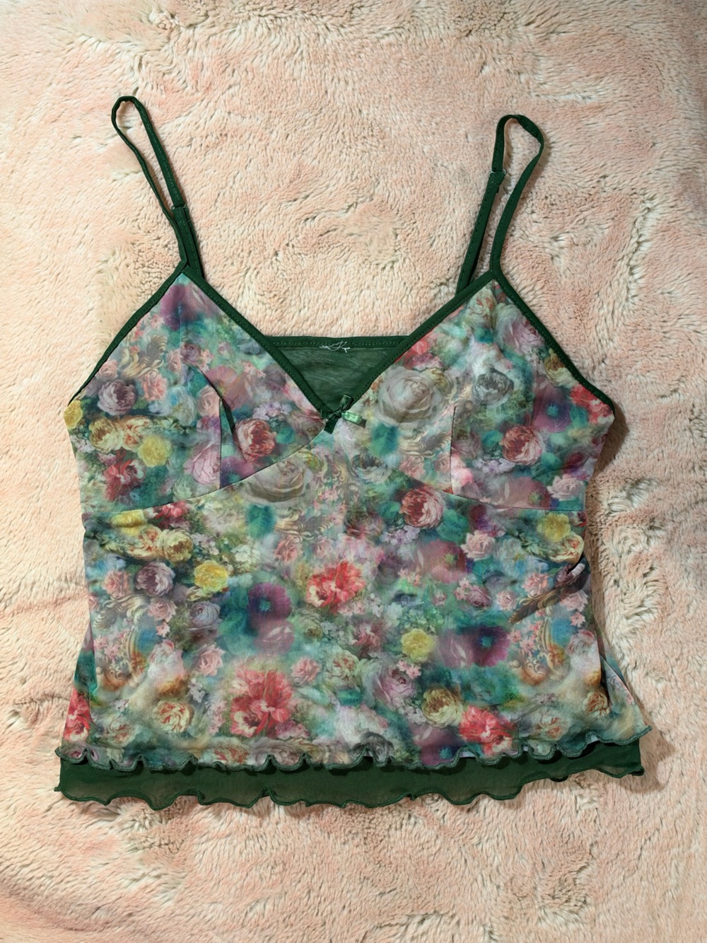 No Boundaries Green-Trim Floral Mesh Cami Tank